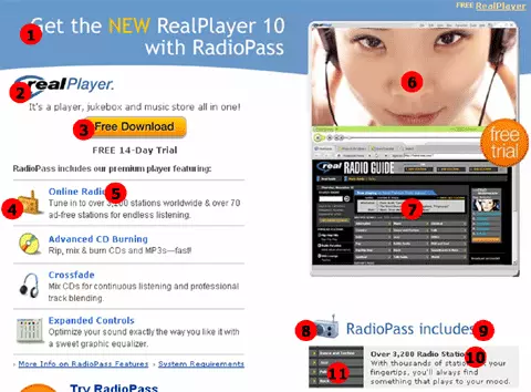 Screenshot of the RealPlayer website which has numerous images and text in many different colours
