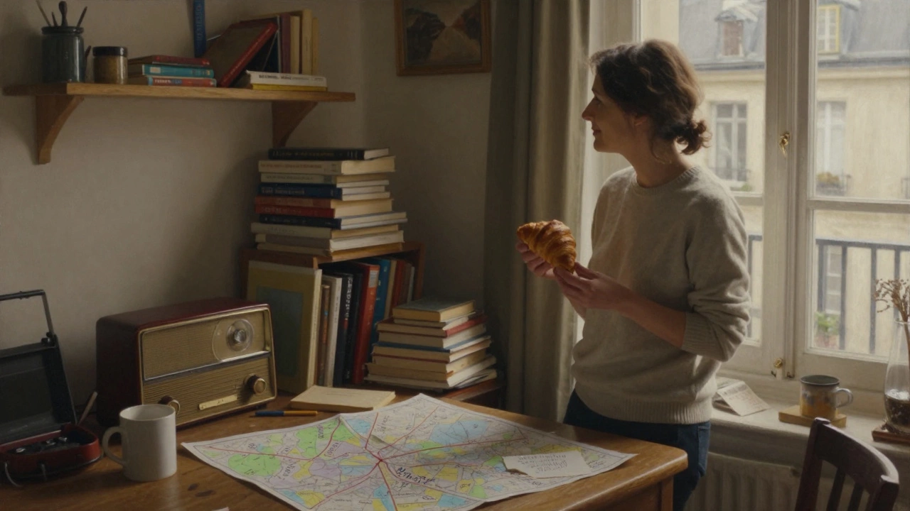 A mature woman in a cozy studio apartment, gazing out the window with a croissant in hand.