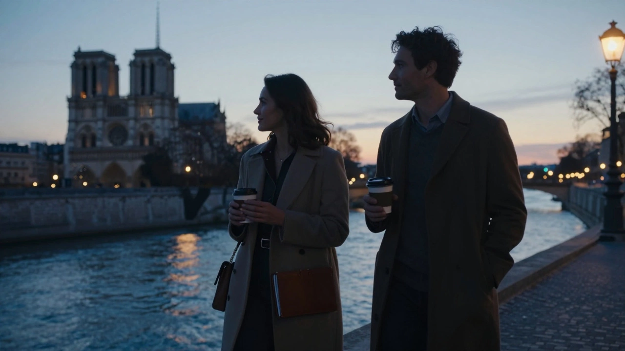 A woman and man walking along the Seine at dusk, silhouetted by bridge lights.