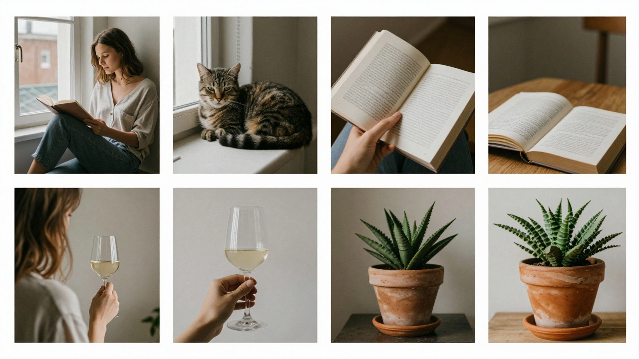 Nine-image Instagram grid with muted tones showing books, cat, wine glass, and plants.