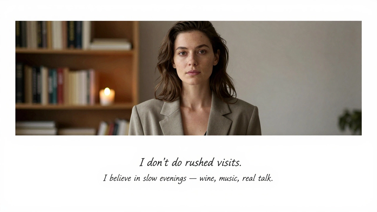 Woman in blazer gazing calmly at camera, soft background, elegant handwritten bio text.